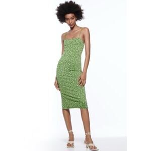 ZARA Dress M Midi Pencil Stretch Fit Green Pink Bodycon NWT